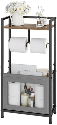 Toilet Paper Holder Free Standing with Storage Basket, Bathroom Tissue Holder Stand with Top Wood Shelf for Phones, Wet Wipes, Small Plants, Metal Toilet Paper Rack for Bathroom Organizer, Black