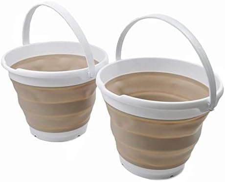 SAMMART 10L (2.6 Gallon) Collapsible Plastic Bucket - Foldable Round Tub - Portable Fishing Water Pail - Space Saving Outdoor Waterpot. Size 31cm Dia (White/Latte (Set of 2))