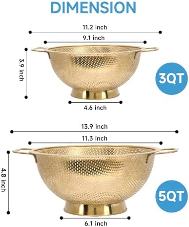 2PCS Gold Strainer for Kitchen, 3QT and 5QT, Stainless Steel Colander with Handle for Fruits Vegetables Cooking Food, Dishwasher Safe