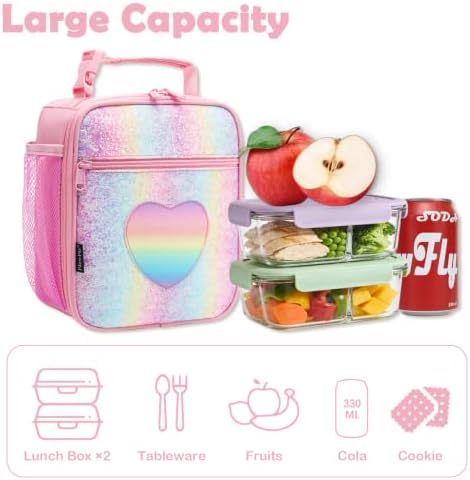 FlowFly Kids Lunch box Insulated Soft Bag Mini Cooler Back to School Thermal Meal Tote Kit for Girls, Boys, Glitter-RainBow