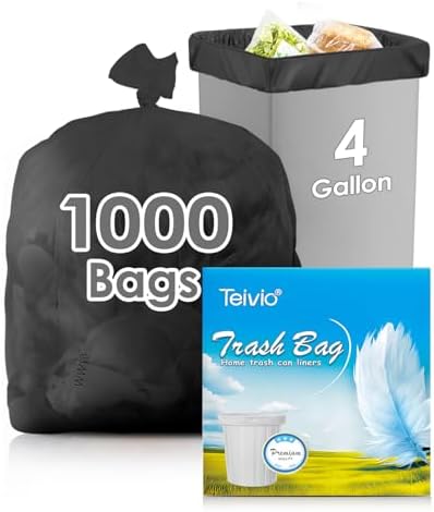 Teivio Small Black Trash Bags 4 Gallon 1000 Count Kitchen Bulk Garbage Bags