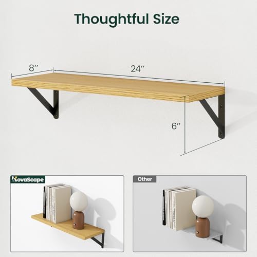Floating Shelves 8 Inch Deep, 24W x 8D Wall Shelf Set of 2, 50 lbs Heavy Duty Reversible Metal Brackets, Industrial Book Shelf for Living Room Kitchen Bathroom Bedroom Gallery Wall, Oak