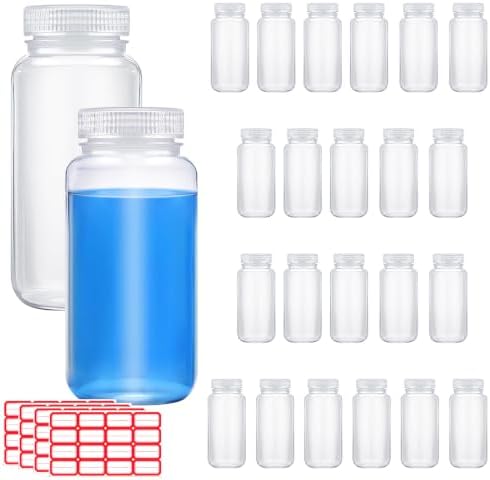 24 Pcs 16 oz 500ml Polypropylene Wide Mouth Reagent Bottle with Screw Caps and Labels Plastic Sample Storage Containers for Laboratory, Classroom, Home