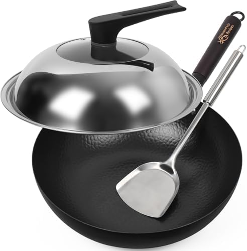 Souped Up Recipes 13.4 Inch Carbon Steel Wok For Electric, Induction and Gas Stoves (Lid, Spatula and User Guide Video Included)
