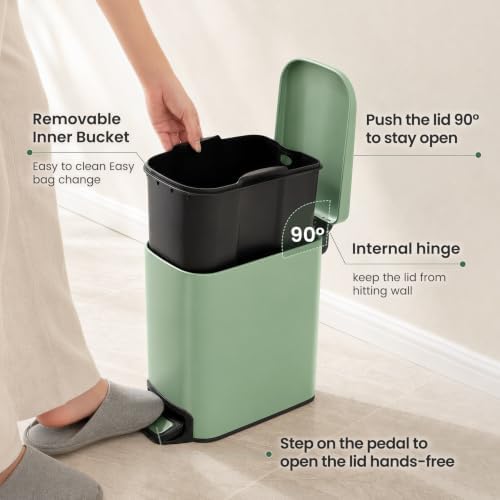 Cesun Small Bathroom Trash Can with Lid, 1.6 Gal, Soft Close, Sage Green