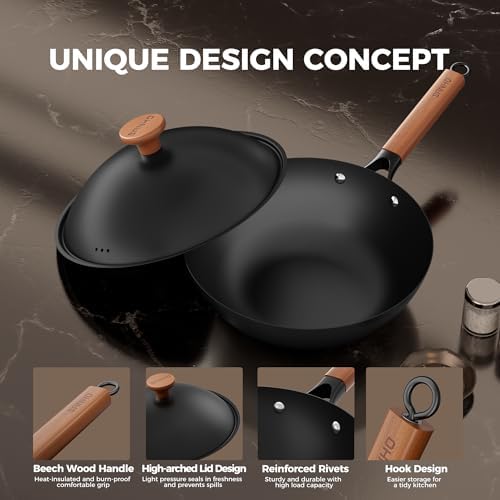 Sanho 12.6 Inch Carbon Steel Wok Pan, 5QT Woks & Stir-Fry Pans Nonstick with Lid, No Seasoning Required & 0 Coating, Compatible with All Cooktops & Utensils for Stir Fry, Pan-Fry, Steam, Camping