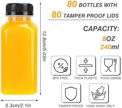 TOMNK 80pcs 8oz Plastic Juice Bottles with Caps, Sticker Labels, Brush