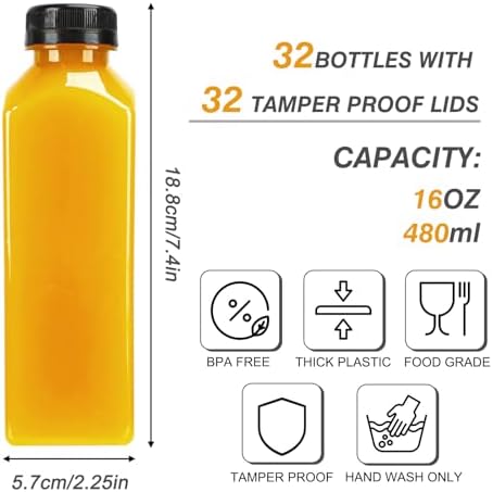 TOMNK 32pcs 16oz Plastic Juice Bottles with Caps, Sticker Labels, Brush