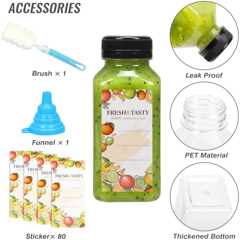 TOMNK 80pcs 8oz Plastic Juice Bottles with Caps, Sticker Labels, Brush
