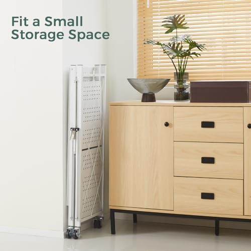 DEANIC 3 Tier Foldable Storage Shelves with Wheels, Kitchen Appliance Stand, Freestanding Metal Wire Shelf Rack, No Assembly Organizer Rolling Cart for Garage, Basement, Pantry(White)