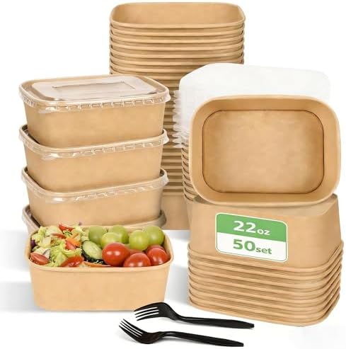 50 Pack Disposable Meal Prep Containers, 22oz Disposable Large Paper Bowls with Lids and Forks for Salad, Noodles, Freezer and Microwavable Storage Use Cardboard Food Containers