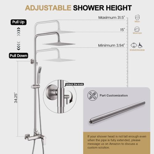 Brushed Nickel Outdoor Shower Kit – 10" Rain Shower & Handheld Spray, Outdoor Shower System with Brass Valve, Exposed Wall Mounted Fixture for Bathroom/Pool/Backyard
