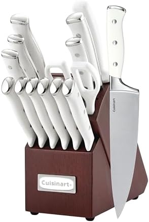 Cuisinart 15-Piece Knife Set with Block, High Carbon Stainless Steel, Forged Triple Rivet, White/Cherry C77WTR-15PCW