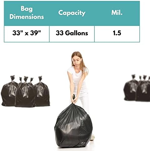 PSBM 33 Gallon Black Trash Bag, 100 Bags, 1.5 Mil Thick, For Commercial Kitchen, Warehouse, Office, Janitorial, Can Liners, Large Garbage Bags