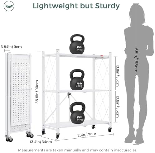 DEANIC 3 Tier Foldable Storage Shelves with Wheels, Kitchen Appliance Stand, Freestanding Metal Wire Shelf Rack, No Assembly Organizer Rolling Cart for Garage, Basement, Pantry(White)