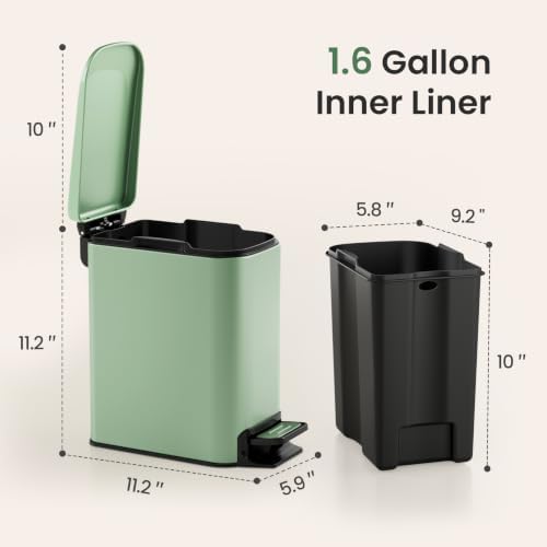 Cesun Small Bathroom Trash Can with Lid, 1.6 Gal, Soft Close, Sage Green