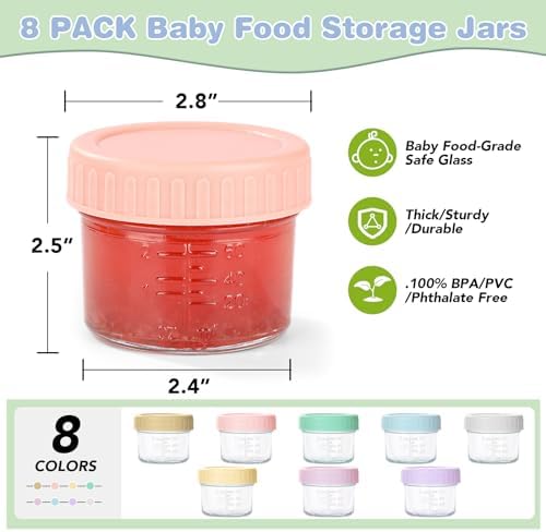 RowinsyDD 24 Pack Glass Baby Food Storage Containers, 2 oz Leakproof Baby Food Jars with Lids, Small Glass Food Containers for Infant Baby, Freezer Safe
