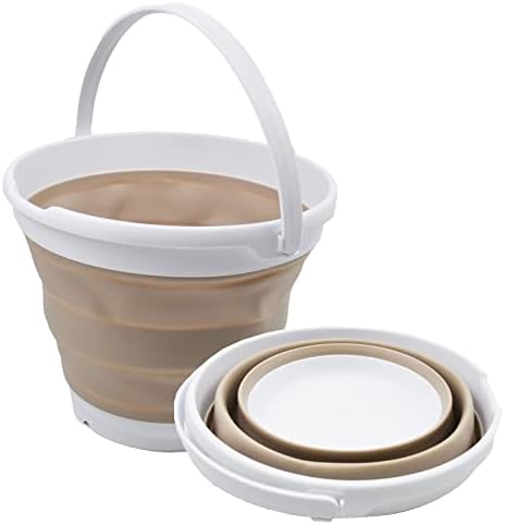 SAMMART 10L (2.6 Gallon) Collapsible Plastic Bucket - Foldable Round Tub - Portable Fishing Water Pail - Space Saving Outdoor Waterpot. Size 31cm Dia (White/Latte (Set of 2))