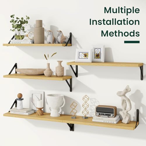 Floating Shelves 8 Inch Deep, 24W x 8D Wall Shelf Set of 2, 50 lbs Heavy Duty Reversible Metal Brackets, Industrial Book Shelf for Living Room Kitchen Bathroom Bedroom Gallery Wall, Oak