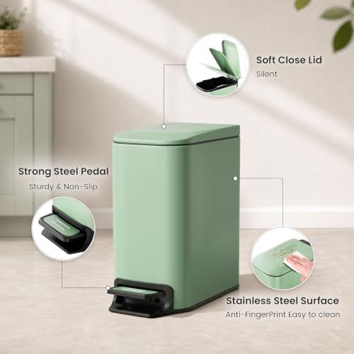 Cesun Small Bathroom Trash Can with Lid, 1.6 Gal, Soft Close, Sage Green