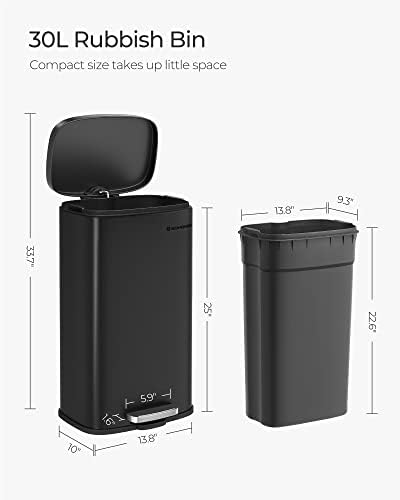 SONGMICS 8 Gallon (30 L) Trash Can, Stainless Steel, Step-On Pedal
