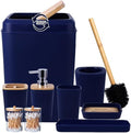 Bathroom Accessories Set, 9 Piece Navy Blue Bathroom Accessory Set with Trash Can,Toothbrush Holder,Toothbrush Cup,Lotion Soap Dispenser,Vanity Tray,Soap Dish,Toilet Brush,Qtip Holder