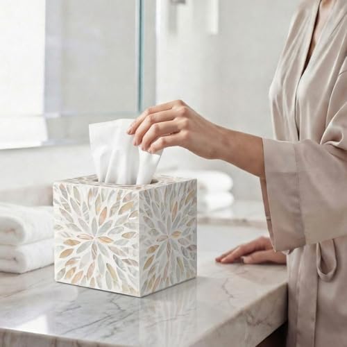 Reallnaive 5.9 Inch Cube Mother of Pearl Tissue Box Cover Ceramic Decorative Tissue Box Holder, Square Napkin Holder Rustic Napkin Dispenser Organizer for Table Bathroom Office (Ivory Cream Floral)