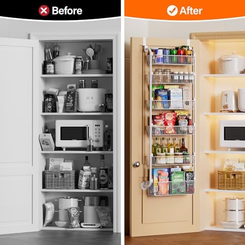Delamu Large Over the Door Pantry Organizer, 6-Tier Metal Pantry Door Organization and Storage for Easy Install, Hanging Spice Rack Seasoning Shelves for Cabinet & Kitchen, D6.7xW17.5xH53.7 in, White