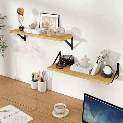 Floating Shelves 8 Inch Deep, 24W x 8D Wall Shelf Set of 2, 50 lbs Heavy Duty Reversible Metal Brackets, Industrial Book Shelf for Living Room Kitchen Bathroom Bedroom Gallery Wall, Oak