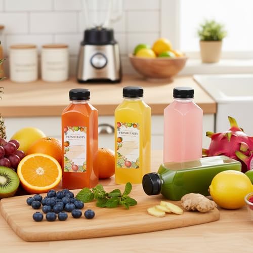 TOMNK 32pcs 16oz Plastic Juice Bottles with Caps, Sticker Labels, Brush