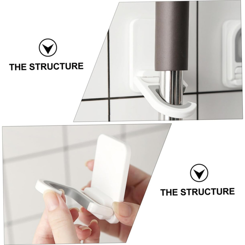 3pcs Punch Wall Mounted Mop Holder Heavy Duty Adhesive Broom Organizer Hooks Multi Functional Hanging Clips for Mop Broom Umbrella Storage Easy No Drill Installation