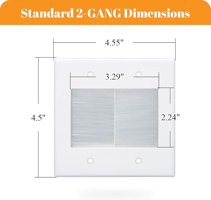 2 Gang Brush Wall Plate White 2 Pack, Double Gang Cable Management Kit for TV Coaxial, HDMI, Ethernet Cables, Speaker Wires and Power Cords Pass Through.