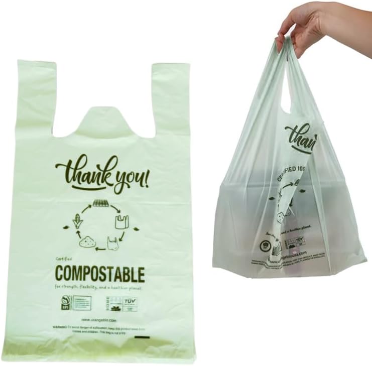 (Large) OrangeBio Certified Home Compostable Shopping Bags, 200ct, 12"x 6" x 20" (Extra Thick), Hold 20 lbs, Thank You/Grocery/Take Out/T Shirt/To-Go Bags for Retail, Grocery Store