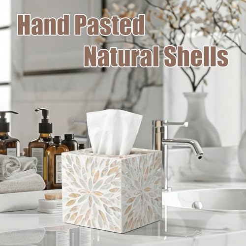 Reallnaive 5.9 Inch Cube Mother of Pearl Tissue Box Cover Ceramic Decorative Tissue Box Holder, Square Napkin Holder Rustic Napkin Dispenser Organizer for Table Bathroom Office (Ivory Cream Floral)