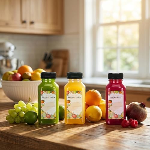 TOMNK 80pcs 8oz Plastic Juice Bottles with Caps, Sticker Labels, Brush
