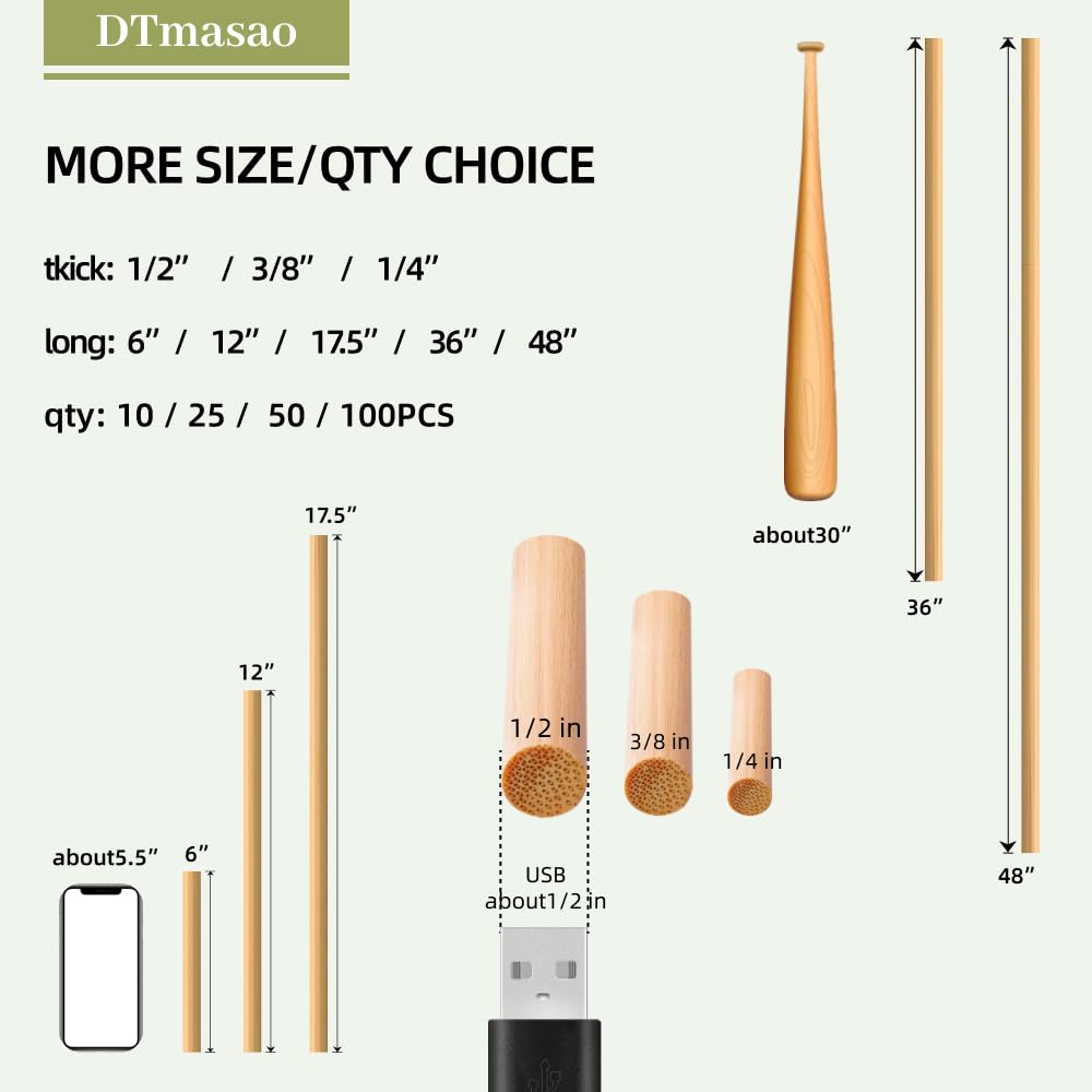 10 PCS Dowel Rods Wood Sticks Wooden Dowel Rods (10 Count)