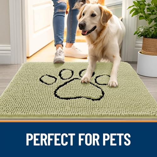 OLANLY Dog Door Mat for Muddy Paws 48x30, Paw Print Design Chenille Mud Mat