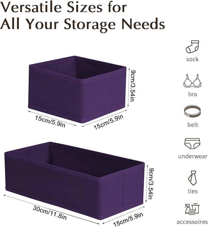 DIMJ Drawer Organizers Clothes, Set of 16 Dresser Organizer Bins, Fabric Closet Organizers and Storage, Shallow Drawer Dividers for Nursery, Clothing, Baby Clothes, Socks, Underwears, Tie (Purple)