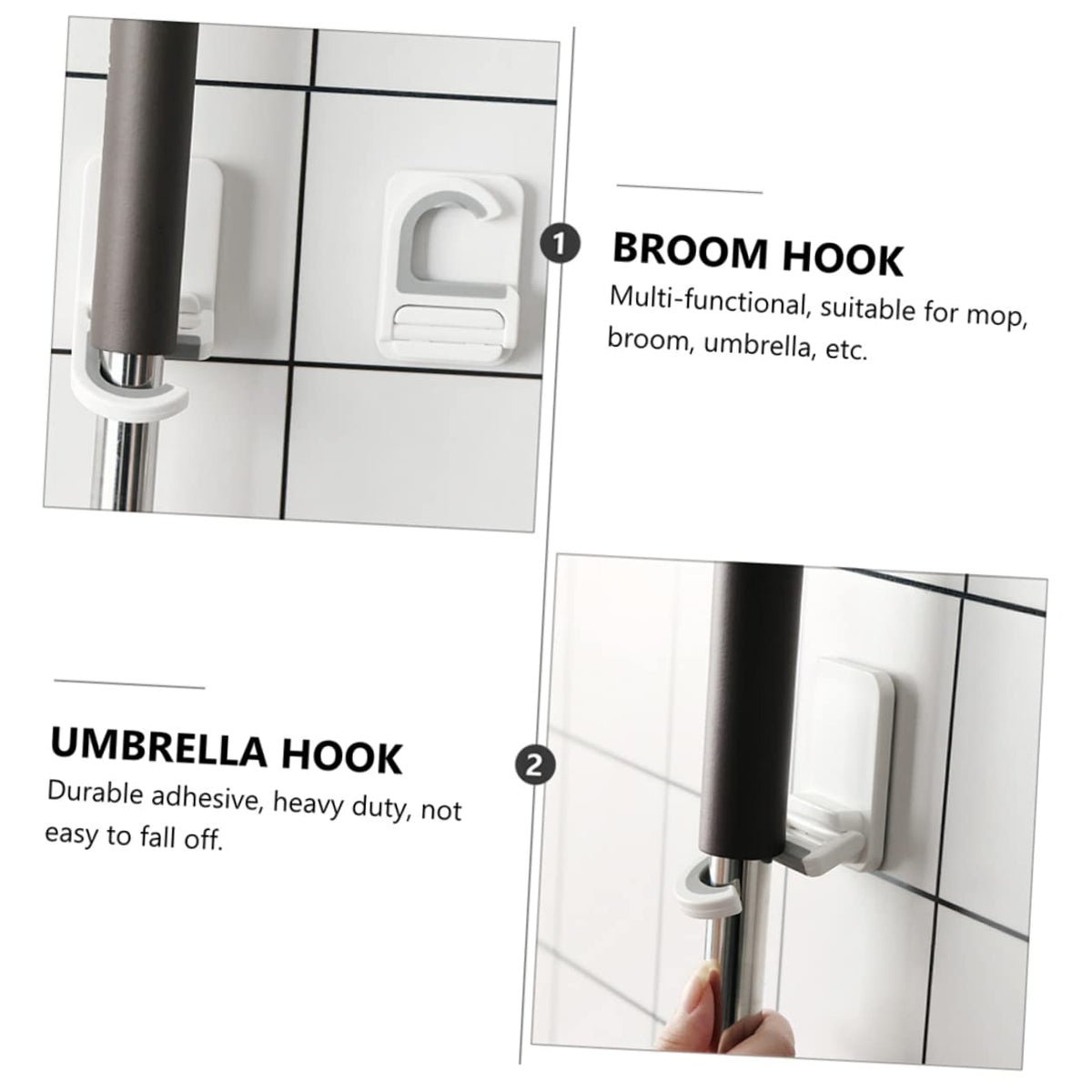3pcs Punch Wall Mounted Mop Holder Heavy Duty Adhesive Broom Organizer Hooks Multi Functional Hanging Clips for Mop Broom Umbrella Storage Easy No Drill Installation