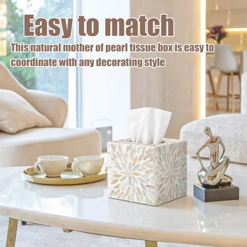 Reallnaive 5.9 Inch Cube Mother of Pearl Tissue Box Cover Ceramic Decorative Tissue Box Holder, Square Napkin Holder Rustic Napkin Dispenser Organizer for Table Bathroom Office (Ivory Cream Floral)
