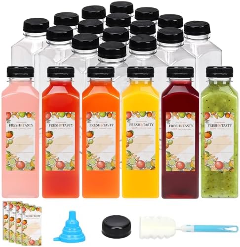 TOMNK 32pcs 16oz Plastic Juice Bottles with Caps, Sticker Labels, Brush
