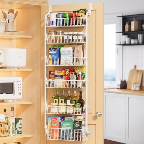 Delamu Large Over the Door Pantry Organizer, 6-Tier Metal Pantry Door Organization and Storage for Easy Install, Hanging Spice Rack Seasoning Shelves for Cabinet & Kitchen, D6.7xW17.5xH53.7 in, White