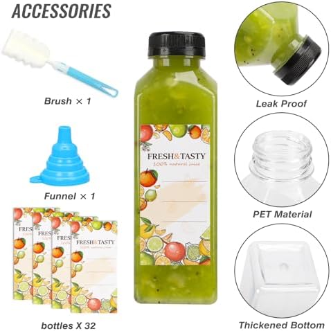 TOMNK 32pcs 16oz Plastic Juice Bottles with Caps, Sticker Labels, Brush