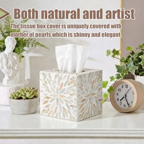 Reallnaive 5.9 Inch Cube Mother of Pearl Tissue Box Cover Ceramic Decorative Tissue Box Holder, Square Napkin Holder Rustic Napkin Dispenser Organizer for Table Bathroom Office (Ivory Cream Floral)