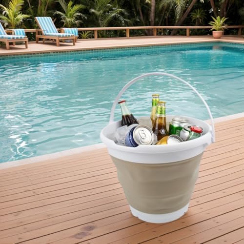 SAMMART 10L (2.6 Gallon) Collapsible Plastic Bucket - Foldable Round Tub - Portable Fishing Water Pail - Space Saving Outdoor Waterpot. Size 31cm Dia (White/Latte (Set of 2))