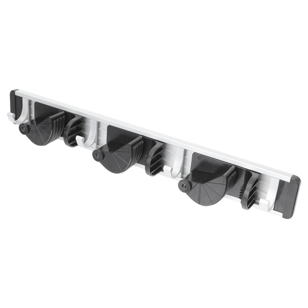 Punch free Wall Mounted Mop and Broom Holder Space Aluminum Rack with 4 Hooks Black Organizer for Cleaning Supplies Storage in Laundry Garage