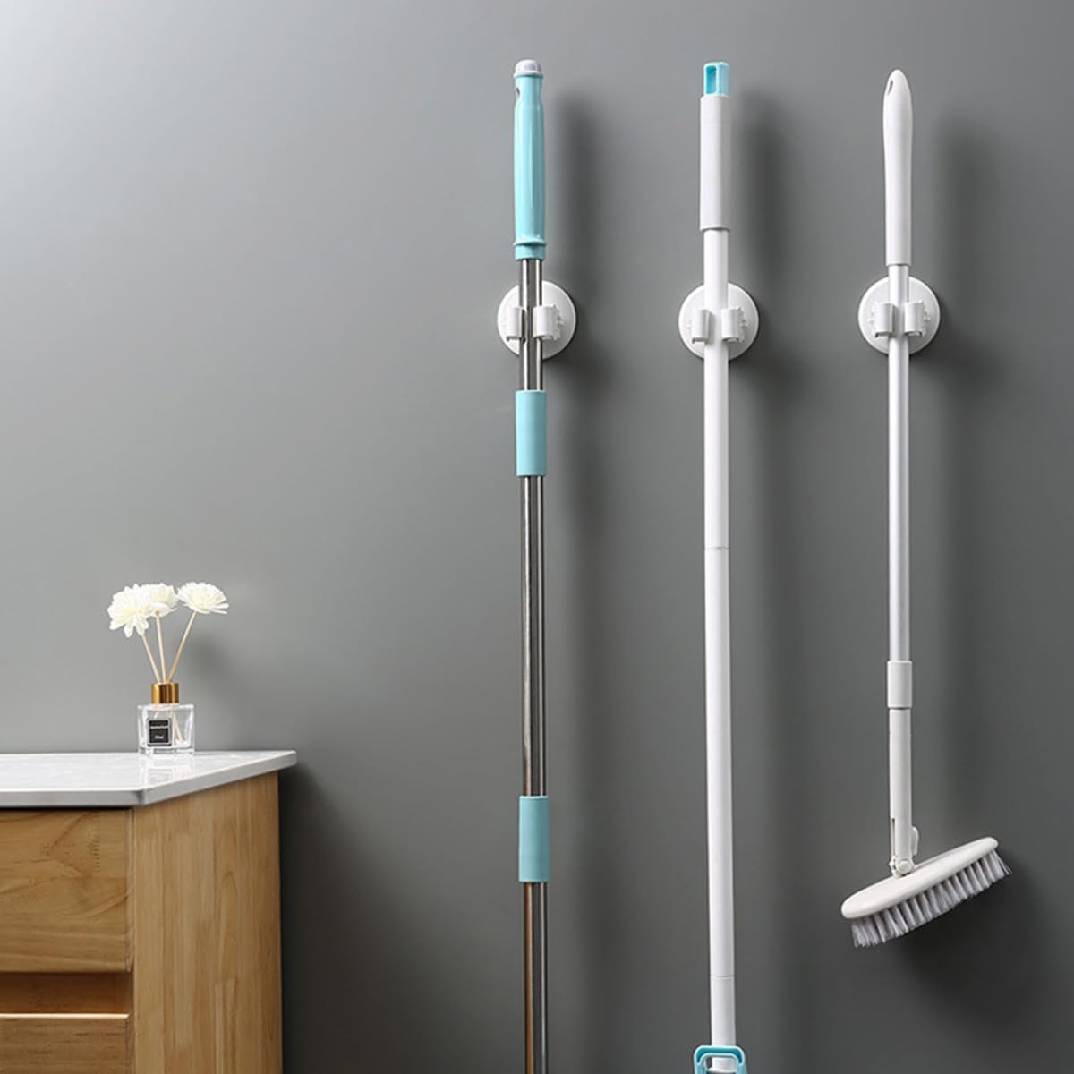 Mop and Broom Holder Wall Mount with 3 White Suction Cup Clamps