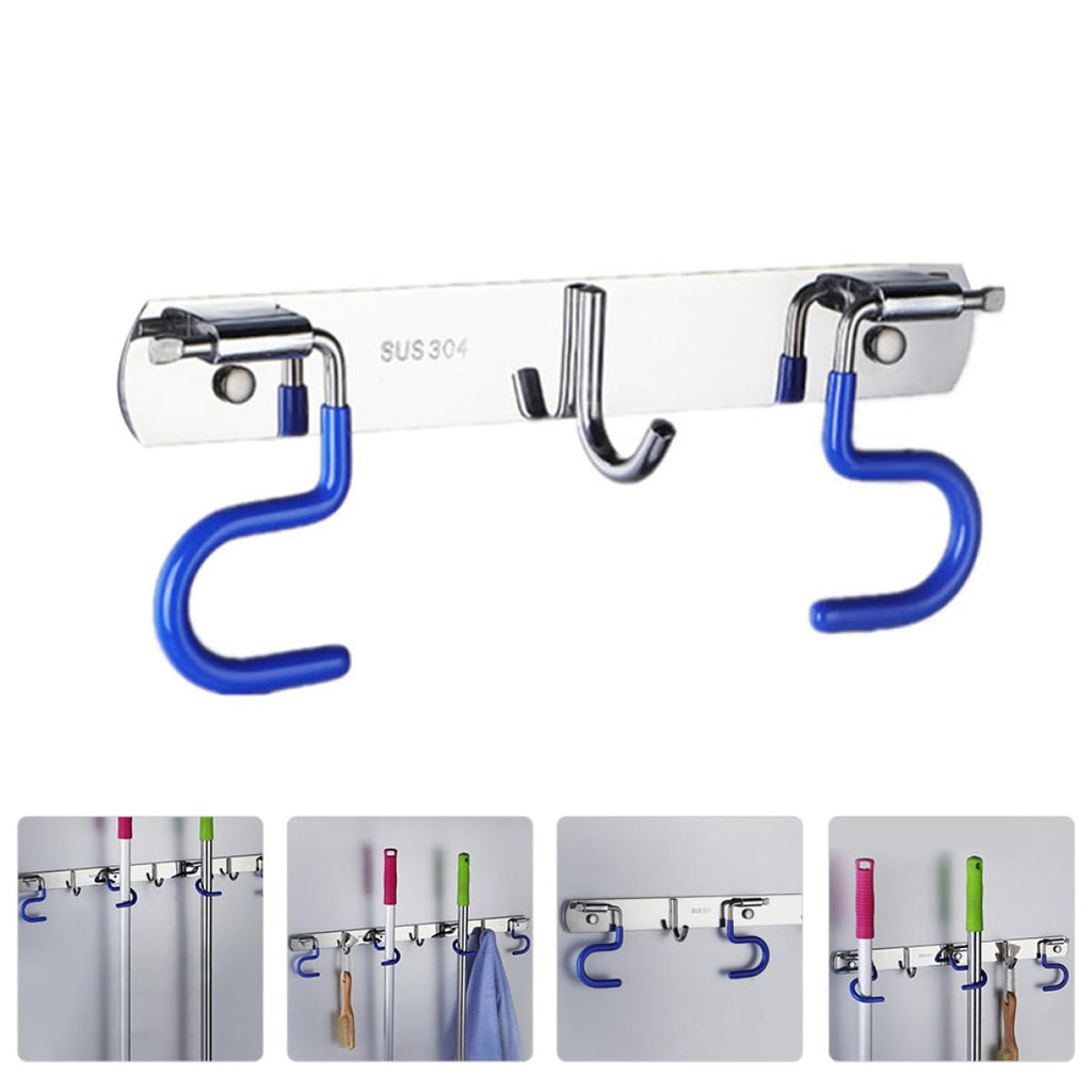 304 Stainless Steel Mop and Broom Holder Wall Mounted Rack with 2 Mop Grippers and 1 Hook