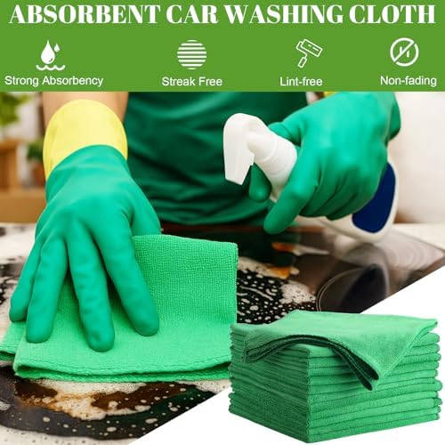 Nuenen Car Microfiber Clean Cloths, Green, 16 x 16 Inch, 60 Pcs