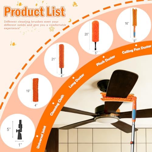 LAANPOLE 26FT Reach Ceiling Fan Cleaner Duster, Fan Blade Cleaner Kit with 5-20FT Extension Pole, Microfiber Duster & Replaceable Cleaning Cloth for Blades, Ceiling, Furniture